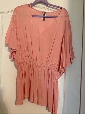 Honeyme Coral Pink V-Neck Flutter Sleeve Tunic